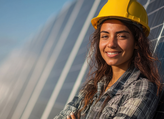 mujer con casco y un panel solar en el fondo